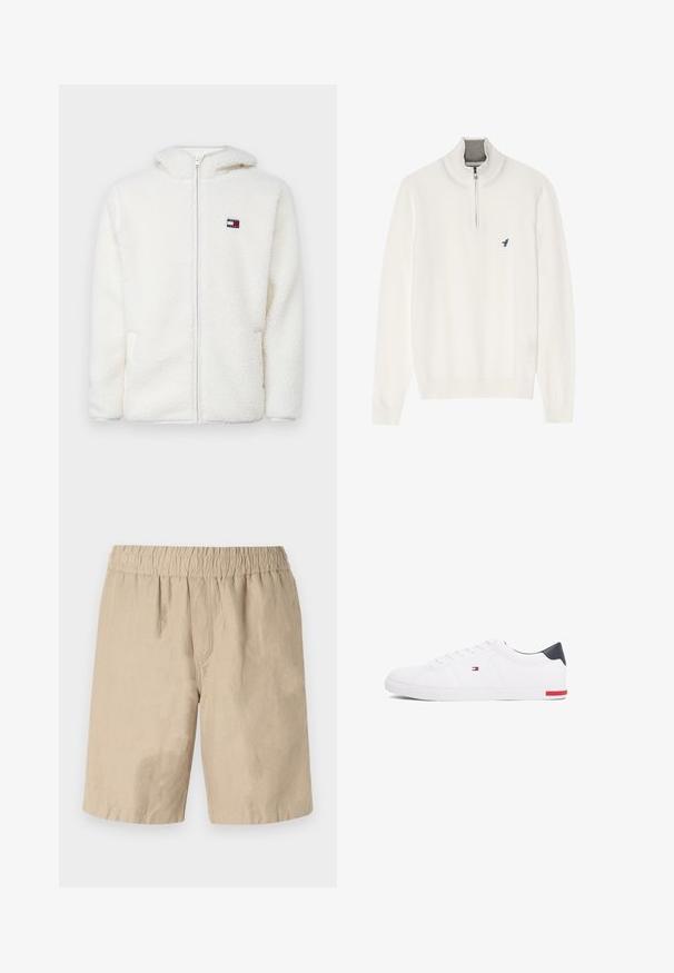 Hvit fleece zip-up hettejakke med myk tekstur, har hette og sidelommer. Liten logo på venstre bryst. Glatt glidelås-lukking.; Hvit genser med grå glidelås i kragen, med lange ermer og en liten blå fuglelogo på brystet. Myk, glatt tekstur.; Beige bomullshorts med elastisk midje, som har en avslappet passform og jevn tekstur. Ingen synlige lommer eller mønstre.; Hvite lave sneakers laget av glatt lær. Har en marineblå hælhette og en rød detalj på sålen. Seks hull til lisser.