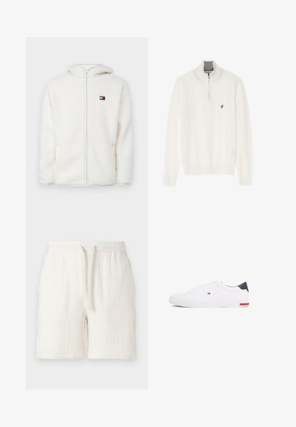 Sweat à capuche zippé en polaire blanche avec une texture douce, doté d'une capuche et de poches latérales. Petit logo sur la poitrine gauche. Fermeture éclair lisse.; Pull blanc avec un col zippé gris, doté de manches longues et d'un petit logo d'oiseau bleu sur la poitrine. Texture douce et lisse.; Shorts en coton blanc légers, avec une taille élastique et un cordon de serrage, présentant une texture froissée et une coupe décontractée.; Baskets basses blanches en cuir lisse. Dotées d'un talon en bleu marine et d'un accent rouge sur la semelle. Six œillets pour les lacets.