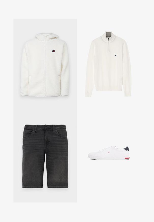 Hvid fleece zip-up hættejakke med en blød tekstur, der har en hætte og sidelommer. Lille logo på venstre bryst. Glat lynlås lukning.; Hvid pullover sweater med en grå lynlåsekrave, der har lange ærmer og et lille blåt fuglelogo på brystet. Blød, glat tekstur.; Sorte denim shorts med lige snit, fem lommer og knaplukning. Har let falmning og en robust stofstruktur.; Hvide low-top sneakers lavet af glat læder. Har en marineblå hælkappe og en rød detalje på sålen. Seks snørehuller.