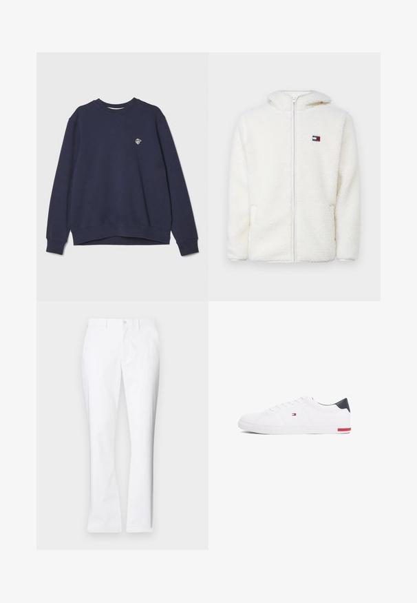 Hvit fleece zip-up hettejakke med myk tekstur, har hette og sidelommer. Liten logo på venstre bryst. Glatt glidelås-lukking.; Marineblå sweatshirt laget av bomullsblanding. Har rund hals, lange ermer, ribbestrikkede mansjetter, og en liten logo på brystet.; Hvite bomullsbukser med rett ben-design, frontlommer, enkelt knappelukking og en jevn tekstur.; Hvite lave sneakers laget av glatt lær. Har en marineblå hælhette og en rød detalj på sålen. Seks hull til lisser.