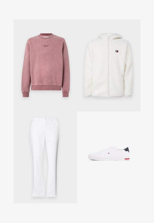 Bela flis zip-up kapuca z mehkim teksturama, ki vključuje kapuco in stranske žepe. Majhna znamka na levem prsnem delu. Gladek zadrgo.; Svetlo roza sweatshirt iz teksturirane tkanine, z rebrastimi manšetami in ovratnikom ter črnimi vezenimi logotipnimi detajli na sprednji strani.; Beli bombažni hlače s ravnim krojem, sprednjimi žepi, z enim gumbom in gladko teksturo.; Beli nizki športni čevlji iz gladkega usnja. Imajo mornarsko modro zaščito na peti in rdeč poudarek na podplatu. Šest lukenj za vezalke.