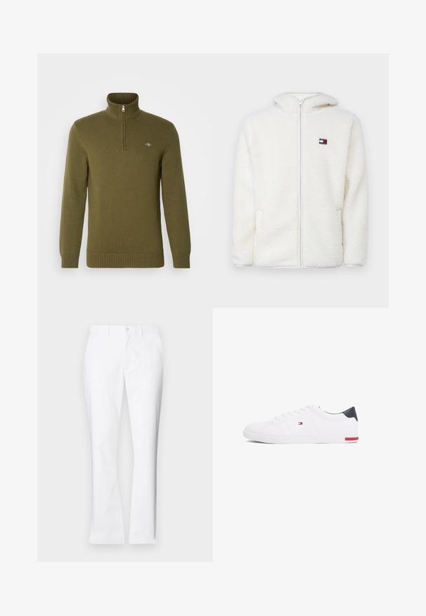 Biała polarowa bluza z zamkiem, o miękkiej fakturze, z kapturem i bocznymi kieszeniami. Małe logo na lewej piersi. Gładkie zapięcie na zamek.; GANT - Sweter; Białe bawełniane spodnie o prostym kroju, z przednimi kieszeniami, pojedynczym zapięciem na guzik oraz gładką fakturą.; Białe niskie tenisówki wykonane z gładkiej skóry. Posiadają granatowy zapiętek i czerwony akcent na podeszwie. Sześć oczek na sznurowadła.