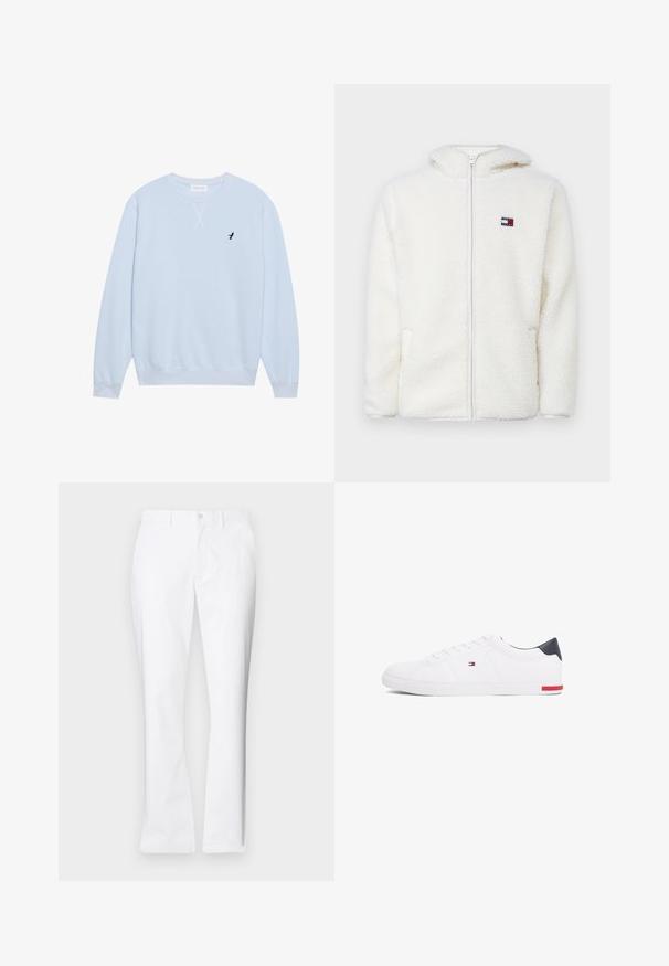 Felpa bianca con zip in pile, dal texture morbido, con cappuccio e tasche laterali. Piccolo logo sul lato sinistro del petto. Chiusura a zip liscia.; Felpa azzurra realizzata in cotone, con scollo a girocollo, polsini a costine e un logo di un uccello nero ricamato sul lato sinistro del petto.; Pantaloni di cotone bianchi con un design a gamba dritta, tasche frontali, chiusura con un bottone e una texture liscia.; Sneakers bianchi a punta bassa realizzati in pelle liscia. Presentano una tomaia blu navy sul tallone e un accento rosso sulla suola. Sei occhielli per i lacci.