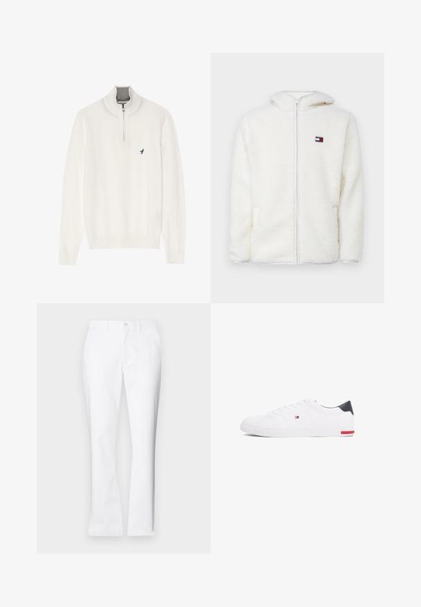 Λευκό φλις hoodie με φερμουάρ και απαλή υφή, διαθέτοντας κουκούλα και πλαϊνές τσέπες. Μικρό λογότυπο στο αριστερό στήθος. Απαλή κλείσιμο με φερμουάρ.; Λευκό πλεκτό πουλόβερ με ψηλό γιακά, διαθέτει φερμουάρ έως το ύψος του στήθους και μικρό μπλε λογότυπο πουλιού στο αριστερό στήθος. Μαλακή υφή, πλεκτά τελειώματα στα μανίκια.; Λευκά βαμβακερά παντελόνια με ίσια γραμμή, μπροστινές τσέπες, κλείσιμο με ένα κουμπί και απαλό υφή.; Λευκά χαμηλά αθλητικά παπούτσια από λείο δέρμα. Διαθέτουν ναυτική φάσα στη φτέρνα και κόκκινη λεπτομέρεια στη σόλα. Έχουν έξι θηλιές για κορδόνια.