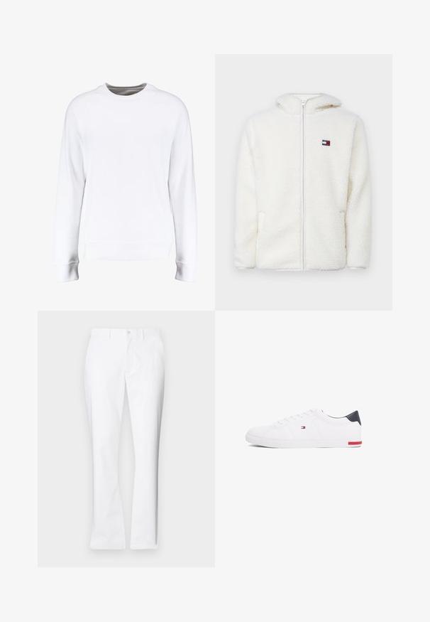 Witte fleece zip-up hoodie met een zachte textuur, voorzien van een capuchon en zijzakken. Klein logo op de linkerkant van de borst. Glad rits sluiting.; Witte sweatshirt met lange raglanmouwen, ronde hals, ribgebreide manchetten en zoom, met een gladde textuur en een minimalistisch design.; Witte katoenen broek met een recht model, voorkwasten, een enkele knoopsluiting en een gladde textuur.; Witte lage sneakers gemaakt van glad leer. Beschikt over een marineblauwe hielkap en een rode accent op de zool. Zes oogjes voor veters.