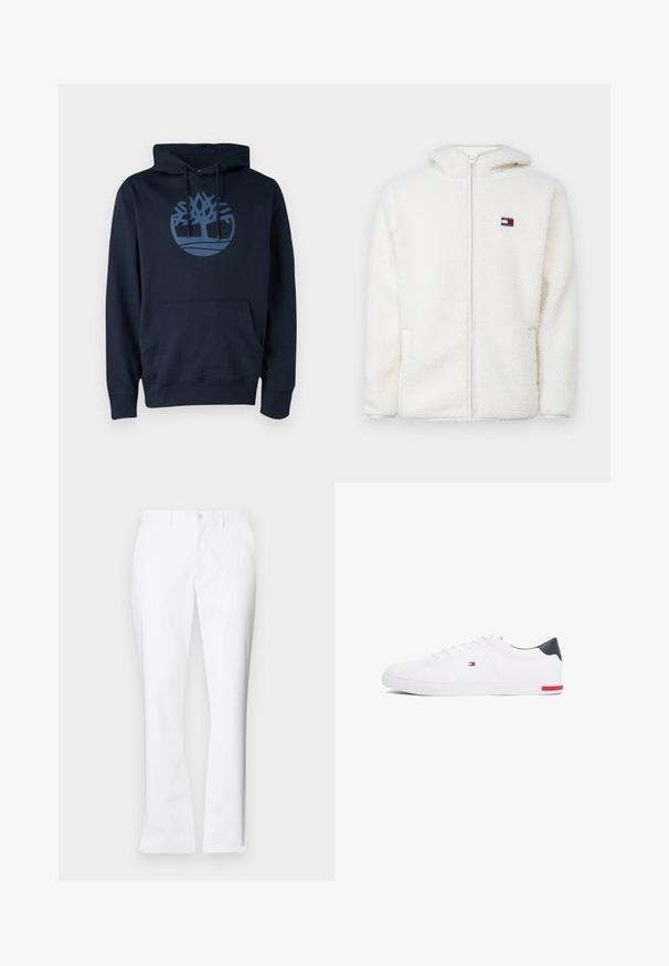 Valge fliist kapuutsiga jaki siredas tekstuuris, mis sisaldab kapuutsi ja küljetaskuid. Väike logo vasakul rinnal. Sile lukuga sulgemine.; Tumesinine kapuutsärk, mis on valmistatud puuvilla segumaterjalist, millel on eesmine tasku ja ümar puu logo heledamas sinises värvitoonis rinna osa peal.; Valged puuvillased püksid otsekülje disainiga, ees pooled taskud, üksainus nööp kinnitamiseks ja sujuv tekstuur.; Valged madalad tennisetossud, mis on valmistatud siledast nahast. Contains sinine kannaosa ja punase aktsendi kummipohjal. Kuus silmust paelte jaoks.