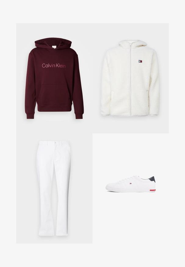Felpa bianca con zip in pile, dal texture morbido, con cappuccio e tasche laterali. Piccolo logo sul lato sinistro del petto. Chiusura a zip liscia.; Felpa con cappuccio bordeaux e tasca frontale, con il logo "Calvin Klein" in testo più chiaro. Realizzata in morbido tessuto misto cotone.; Pantaloni di cotone bianchi con un design a gamba dritta, tasche frontali, chiusura con un bottone e una texture liscia.; Sneakers bianchi a punta bassa realizzati in pelle liscia. Presentano una tomaia blu navy sul tallone e un accento rosso sulla suola. Sei occhielli per i lacci.