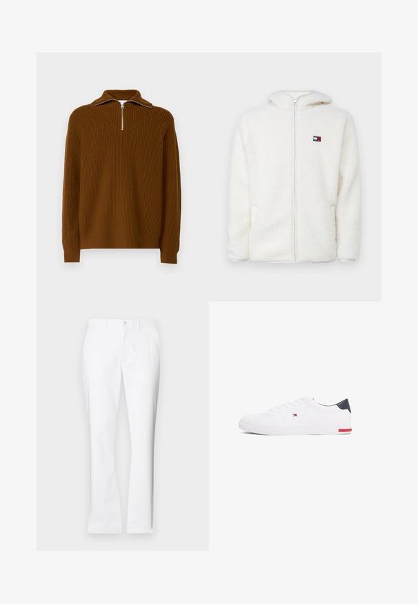 Fehér bolyhos zipzáras kapucnis pulóver, puha tapintással, kapucnival és oldalsó zsebekkel. Kis logó a bal mellen. Sima zipzáras záródás.; Barna bordázott pulóver, magas gallérral és fél cipzárral, texturált kötött dizájnnal és hosszú ujjakkal, bordázott mandzsettákkal.; Fehér pamut nadrág egyenes szabású, elülső zsebekkel, egy gombos záródással és sima textúrával.; Fehér alacsony szárú sneaker sima bőrből. Tengerészkék sarokvédővel és piros díszítéssel a talpon. Hat fűzőlyuk a fűzők számára.