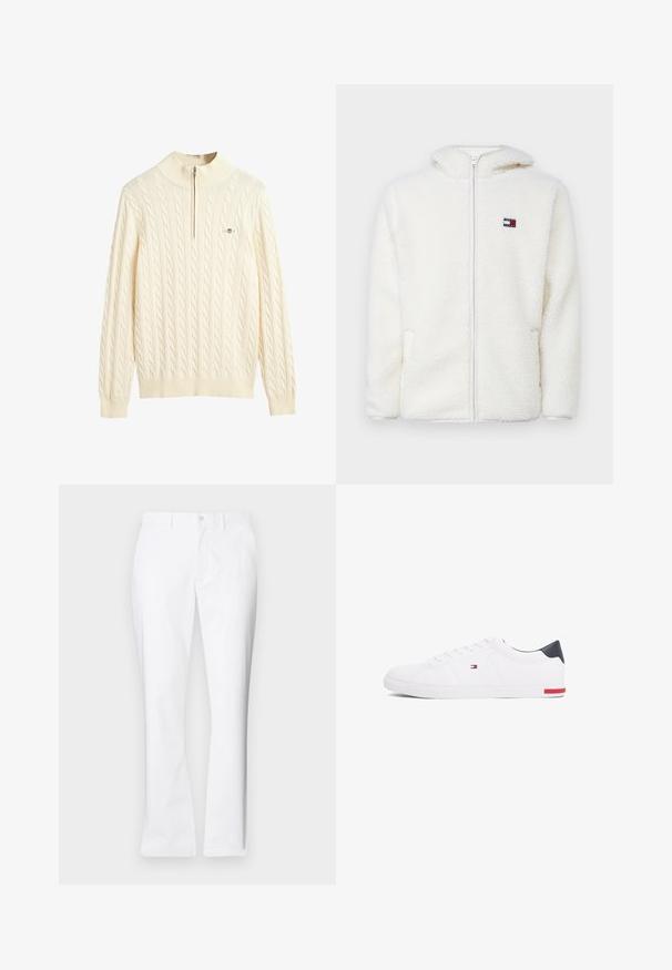 Hvit fleece zip-up hettejakke med myk tekstur, har hette og sidelommer. Liten logo på venstre bryst. Glatt glidelås-lukking.; Kremfarget kabelstrikket genser med høy krage og halv-glidelås; har ribbestrikkede mansjetter og hem, myk tekstur og logo aksent.; Hvite bomullsbukser med rett ben-design, frontlommer, enkelt knappelukking og en jevn tekstur.; Hvite lave sneakers laget av glatt lær. Har en marineblå hælhette og en rød detalj på sålen. Seks hull til lisser.