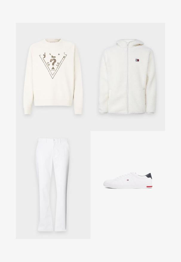 Hvit fleece zip-up hettejakke med myk tekstur, har hette og sidelommer. Liten logo på venstre bryst. Glatt glidelås-lukking.; Kremfarget sweatshirt med rund hals og raglanermer. Inkluderer en stor, trekantet grafikk i mørkegrå med slitte bokstaver og detaljer.; Hvite bomullsbukser med rett ben-design, frontlommer, enkelt knappelukking og en jevn tekstur.; Hvite lave sneakers laget av glatt lær. Har en marineblå hælhette og en rød detalj på sålen. Seks hull til lisser.