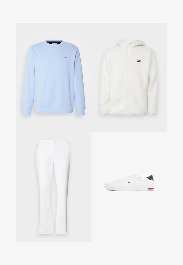 Felpa bianca con zip in pile, dal texture morbido, con cappuccio e tasche laterali. Piccolo logo sul lato sinistro del petto. Chiusura a zip liscia.; Felpa azzurro chiaro realizzata in tessuto morbido, con collo rotondo, maniche lunghe e un piccolo logo sul petto. Polsini e orlo a costine.; Pantaloni di cotone bianchi con un design a gamba dritta, tasche frontali, chiusura con un bottone e una texture liscia.; Sneakers bianchi a punta bassa realizzati in pelle liscia. Presentano una tomaia blu navy sul tallone e un accento rosso sulla suola. Sei occhielli per i lacci.