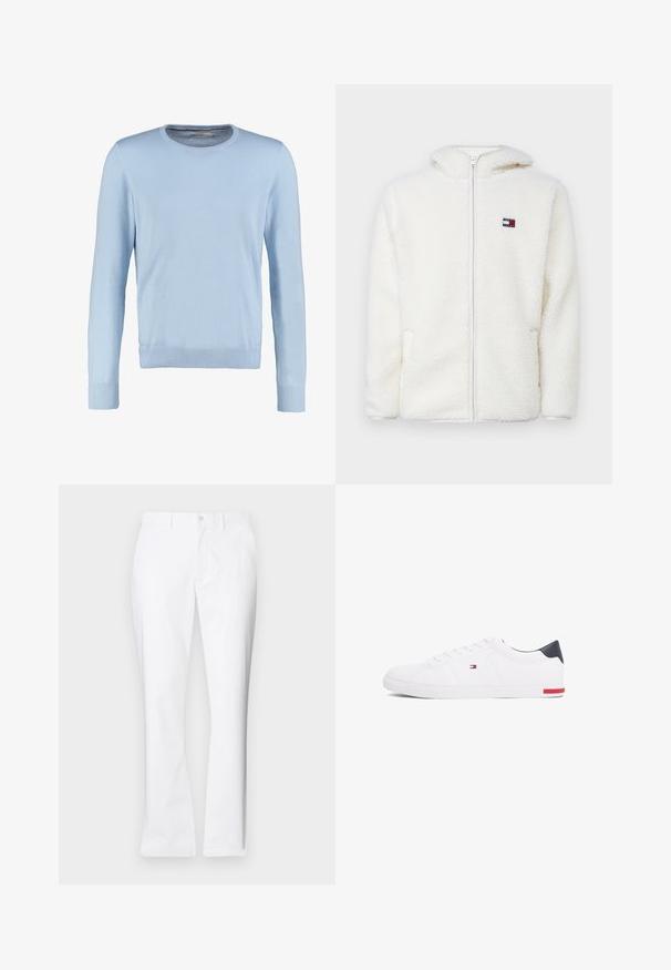 Fehér bolyhos zipzáras kapucnis pulóver, puha tapintással, kapucnival és oldalsó zsebekkel. Kis logó a bal mellen. Sima zipzáras záródás.; Világoskék, hosszú ujjú pulóver kerek nyakkal. Simára szőtt textúrával és bordázott mandzsettákkal valamint szegéllyel rendelkezik. Klasszikus, testhezálló fazon.; Fehér pamut nadrág egyenes szabású, elülső zsebekkel, egy gombos záródással és sima textúrával.; Fehér alacsony szárú sneaker sima bőrből. Tengerészkék sarokvédővel és piros díszítéssel a talpon. Hat fűzőlyuk a fűzők számára.