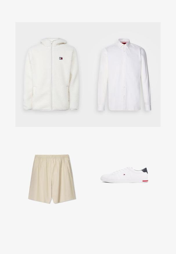 White fleece zip-up hoodie with a soft texture, featuring a hood and side pockets. Small logo on the left chest. Smooth zip closure.; White long-sleeve shirt made of cotton, featuring a classic collar, front placket with buttons, and a smooth texture. Red inner collar detail.; Beige shorts made of lightweight fabric, featuring an elastic waistband, two side pockets, and a relaxed fit design.; White low-top sneakers made of smooth leather. Features a navy heel cap and a red accent on the sole. Six eyelets for laces.