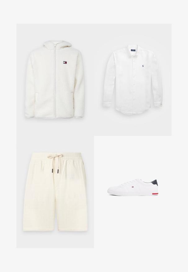 White fleece zip-up hoodie with a soft texture, featuring a hood and side pockets. Small logo on the left chest. Smooth zip closure.; White long-sleeve shirt made of cotton with a button-down collar, featuring a small navy logo on the left chest and classic button fastening.; Cream-colored shorts made of textured fabric with a check pattern. Features an elastic waistband with a drawstring and two side pockets.; White low-top sneakers made of smooth leather. Features a navy heel cap and a red accent on the sole. Six eyelets for laces.