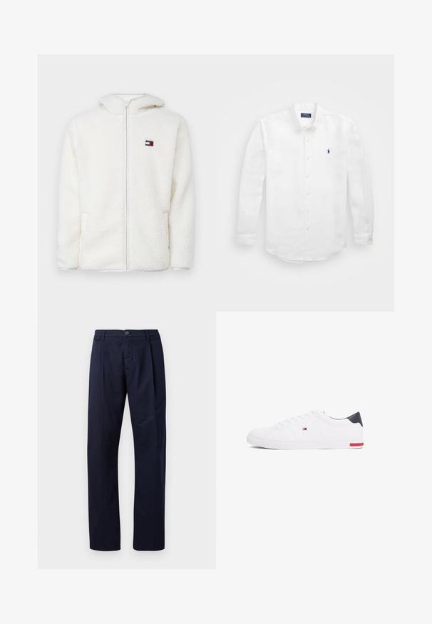 Valge fliist kapuutsiga jaki siredas tekstuuris, mis sisaldab kapuutsi ja küljetaskuid. Väike logo vasakul rinnal. Sile lukuga sulgemine.; Valge pikavarrukaga puuvillane särk, millel on nööpidega kaelus, vasakul rinnal väike tumesinine logo ja klassikaline nööpide sulgemine.; Tumedatest kangast valmistatud tumesinised püksid, millel on sirged jalad, nupuga sulgemine ja üks eesmine voldik.; Valged madalad tennisetossud, mis on valmistatud siledast nahast. Contains sinine kannaosa ja punase aktsendi kummipohjal. Kuus silmust paelte jaoks.