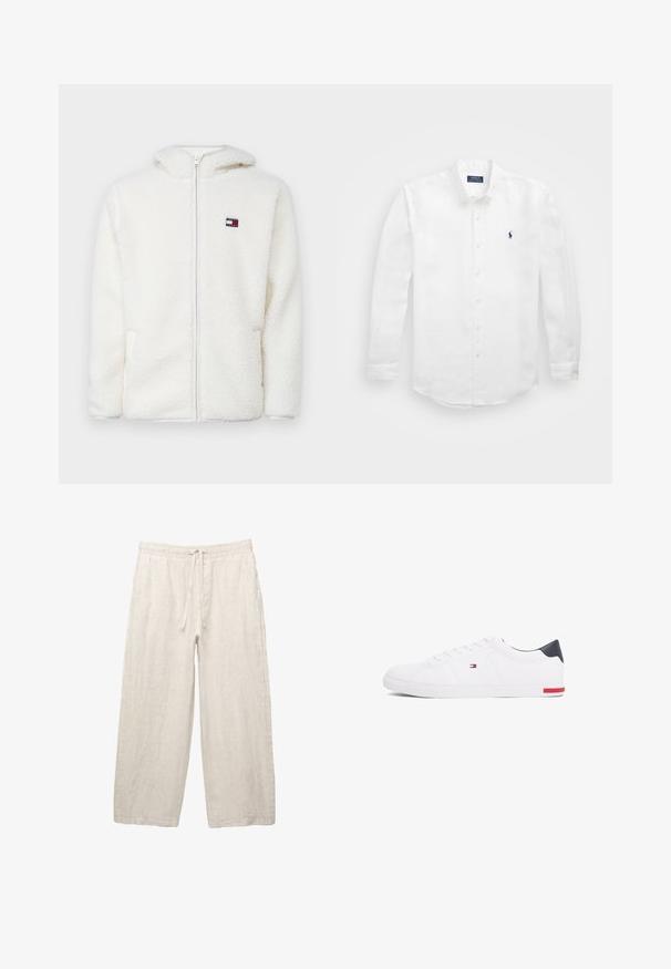 Hanorac alb din fleece, cu fermoar, având o textură moale, cu glugă și buzunare laterale. Logo mic pe pieptul stâng. Închidere cu fermoar neted.; Cămașă albă cu mânecă lungă din bumbac, cu guler butonat, având un mic logo bleumarin pe pieptul stâng și închidere clasică cu butoane.; Pantaloni din in de culoare bej deschis, cu un brâu elastic și șnur, cu un design cu picioare largi și buzunare laterale. Textură netedă.; Adidași albi cu vârf jos, din piele netedă. Prezintă un toc albastru marine și un accent roșu pe talpă. Șase gauri pentru șireturi.
