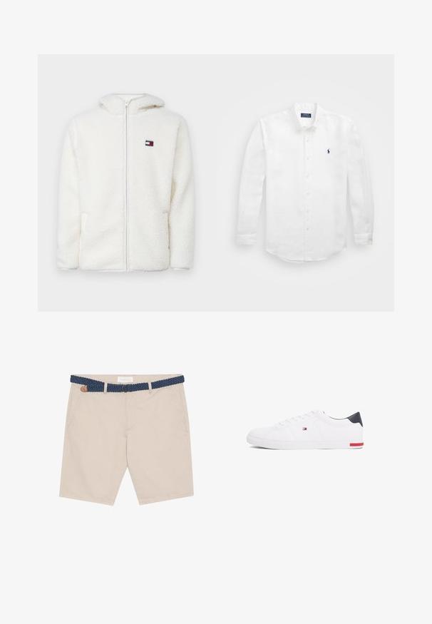 Sudadera con cremallera blanca de felpa, con una textura suave, que cuenta con una capucha y bolsillos laterales. Pequeño logo en el lado izquierdo del pecho. Cierre de cremallera suave.; Camisa blanca de manga larga de algodón con cuello abotonado, que presenta un pequeño logo en azul marino en el lado izquierdo del pecho y un cierre clásico de botones.; Shorts beige con un cinturón trenzado azul. Presentan bolsillos frontales, un acento en cuero marrón y un diseño casual adecuado para el clima cálido.; Zapatillas bajas blancas de piel suave. Presentan una capucha en el talón de color marino y un acento rojo en la suela. Seis ojales para los cordones.