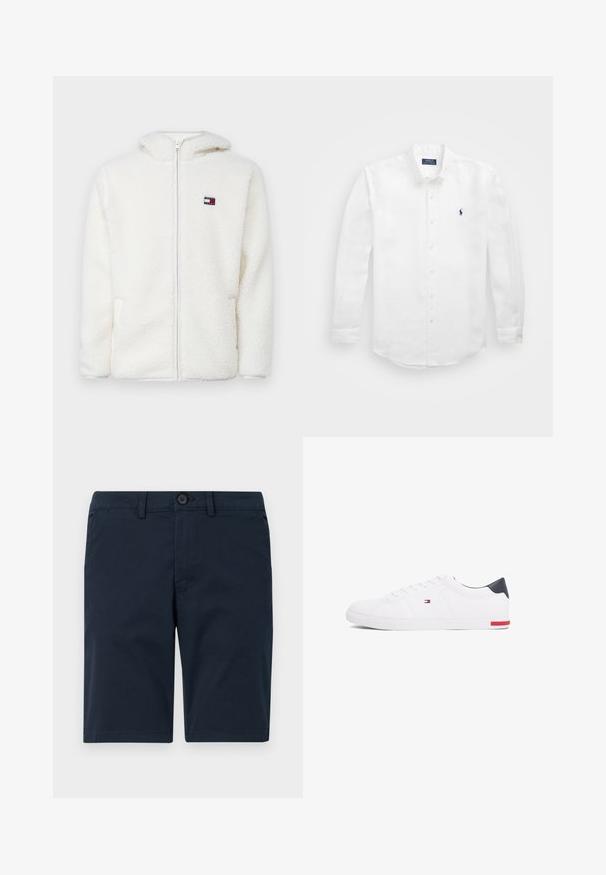 Hvit fleece zip-up hettejakke med myk tekstur, har hette og sidelommer. Liten logo på venstre bryst. Glatt glidelås-lukking.; Hvit langermet skjorte laget av bomull med krage som kan kneppes, som har en liten marineblå logo på venstre bryst og klassisk knappefeste.; Mørkeblå shorts laget av bomullsblanding, med knappelukking, beltehemper og rett nederkant med minimal detaljering.; Hvite lave sneakers laget av glatt lær. Har en marineblå hælhette og en rød detalj på sålen. Seks hull til lisser.