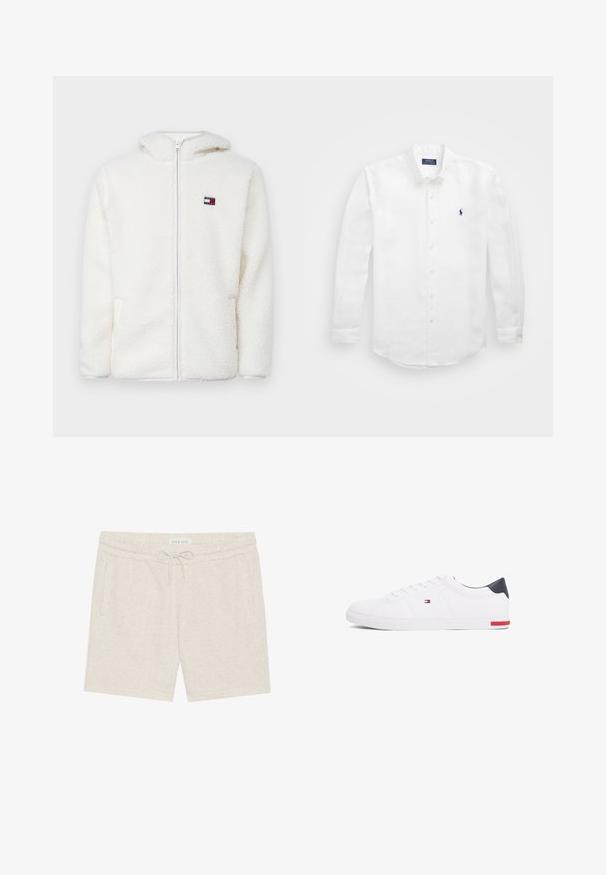 Sweat à capuche zippé en polaire blanche avec une texture douce, doté d'une capuche et de poches latérales. Petit logo sur la poitrine gauche. Fermeture éclair lisse.; Chemise blanche à manches longues en coton avec un col boutonné, affichant un petit logo marine sur la poitrine gauche et un système de fermeture classique par boutons.; Shorts beige clair en matériau doux, dotés d'une taille à cordon de serrage, de poches latérales et d'une texture légèrement mouchetée.; Baskets basses blanches en cuir lisse. Dotées d'un talon en bleu marine et d'un accent rouge sur la semelle. Six œillets pour les lacets.