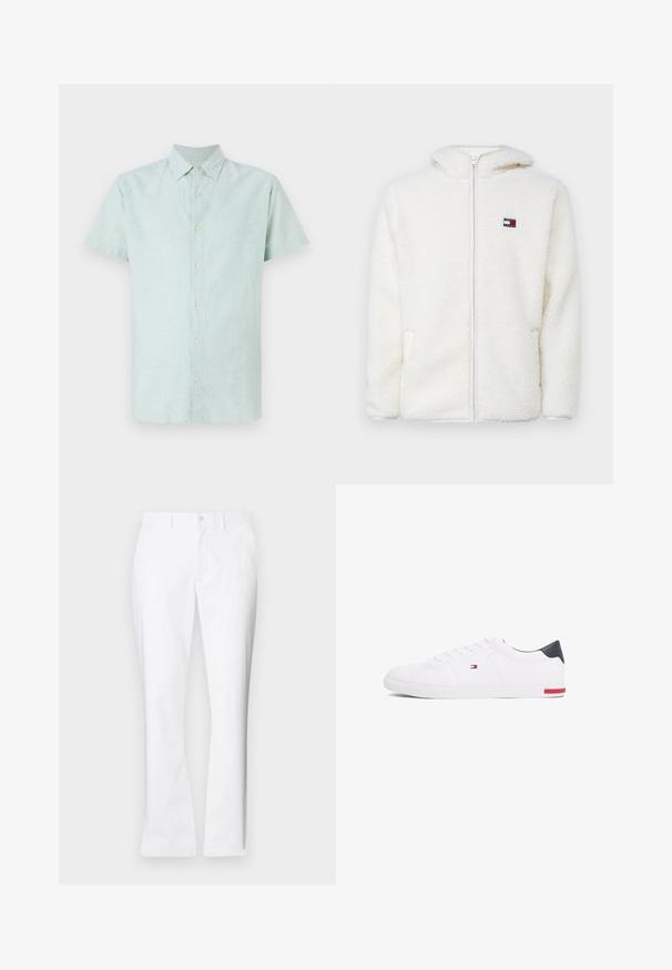 Biała polarowa bluza z zamkiem, o miękkiej fakturze, z kapturem i bocznymi kieszeniami. Małe logo na lewej piersi. Gładkie zapięcie na zamek.; Jasnozielona koszula krótki rękaw wykonana z lnu, z wyraźnym kołnierzykiem i pełnym zapięciem na guziki, o subtelnej teksturze i prostym dole.; Białe bawełniane spodnie o prostym kroju, z przednimi kieszeniami, pojedynczym zapięciem na guzik oraz gładką fakturą.; Białe niskie tenisówki wykonane z gładkiej skóry. Posiadają granatowy zapiętek i czerwony akcent na podeszwie. Sześć oczek na sznurowadła.