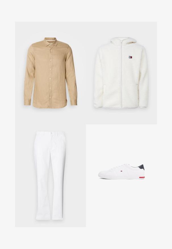 Biely fleecový zipsový mikina s jemnou textúrou, s kapucňou a bočnými vreckami. Malé logo na ľavej hrudi. Hladký zipsový uzáver.; Svetlo béžová košeľa s dlhým rukávom z ľanového materiálu, s gombíkmi na prednej strane, jemnou textúrou a golierom. Obsahuje detail rukávov s rolovacou záložkou.; Biele bavlnené nohavice so strihom rovného nohavice, prednými vreckami, jednom gombíkovým zapínaním a hladkou textúrou.; Biele nízkoprevádzkové tenisky vyrobené z hladkej kože. Majú námornícke zadočnú časť a červený akcent na podrážke. Šesť dierok na šnúrky.