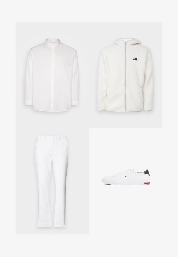 Hvit fleece zip-up hettejakke med myk tekstur, har hette og sidelommer. Liten logo på venstre bryst. Glatt glidelås-lukking.; Pier One Button down-skjorte - white; Hvite bomullsbukser med rett ben-design, frontlommer, enkelt knappelukking og en jevn tekstur.; Hvite lave sneakers laget av glatt lær. Har en marineblå hælhette og en rød detalj på sålen. Seks hull til lisser.