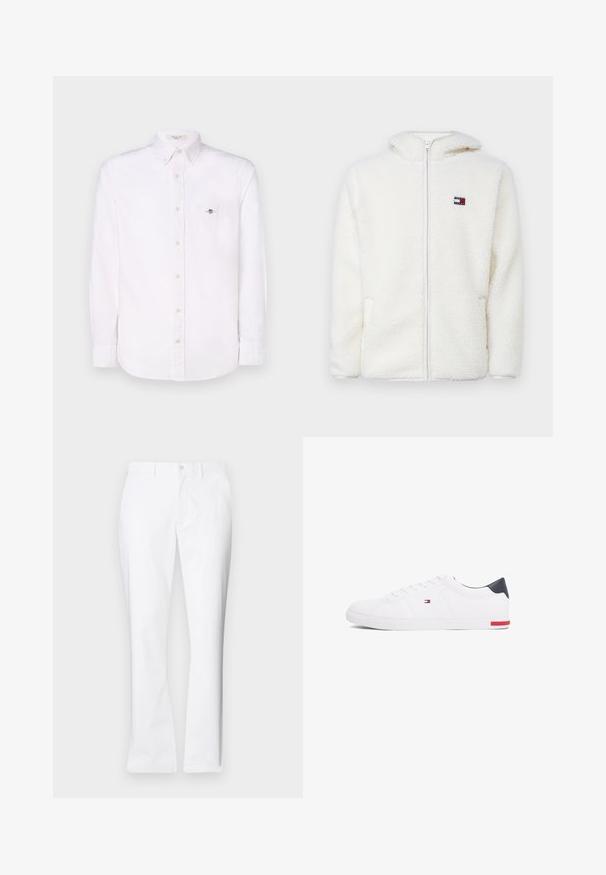 Hvit fleece zip-up hettejakke med myk tekstur, har hette og sidelommer. Liten logo på venstre bryst. Glatt glidelås-lukking.; Hvit, langermet skjorte med knapper og et subtilt vertikalt stripemønster, med en brystlomme og et lite emblem på lommen.; Hvite bomullsbukser med rett ben-design, frontlommer, enkelt knappelukking og en jevn tekstur.; Hvite lave sneakers laget av glatt lær. Har en marineblå hælhette og en rød detalj på sålen. Seks hull til lisser.