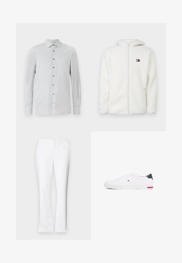 Balts vilnas rāvējslēdzēja kapu, kas ir mīksta un patīkama tekstūra, ar kapuci un sānu kabatām. Mazs logo kreisajā krūtīs. Gluda rāvējslēdzēja aizdare.; Balts garām piedurknēm krekls ar mazu melnu ģeometrisku rakstu, zaļiem pogām un norādītu apkakli. Parasts piegriezums ar pogām aizdare.; Baltas kokvilnas bikses ar taisnu kāju dizainu, priekšējām kabatām, vienu pogu aizdari un gludu tekstūru.; Baltas zemu topu sporta apavus, kas izgatavoti no gludas ādas. Satura tumši zilu papēža daļu un sarkanu akcentu uz zoles. Seši caurumi šņorēm.