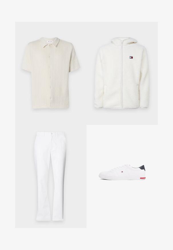 Witte fleece zip-up hoodie met een zachte textuur, voorzien van een capuchon en zijzakken. Klein logo op de linkerkant van de borst. Glad rits sluiting.; Lichtbeige korte mouwen, knoopsluiting shirt met een getextureerd ribpatroon en een klassieke kraag. Gemaakt van zachte, ademende stof.; Witte katoenen broek met een recht model, voorkwasten, een enkele knoopsluiting en een gladde textuur.; Witte lage sneakers gemaakt van glad leer. Beschikt over een marineblauwe hielkap en een rode accent op de zool. Zes oogjes voor veters.