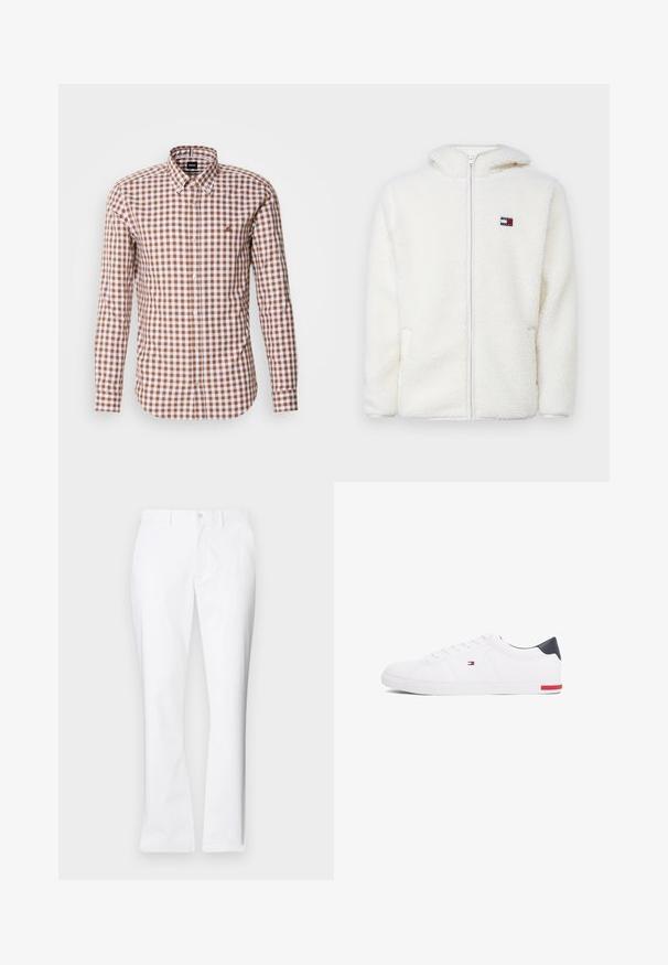 Hvit fleece zip-up hettejakke med myk tekstur, har hette og sidelommer. Liten logo på venstre bryst. Glatt glidelås-lukking.; Brun og hvit sjakkmønster langermet skjorte med knapp-ned krage og brodert logo på brystet. Bomullsstoff tekstur.; Hvite bomullsbukser med rett ben-design, frontlommer, enkelt knappelukking og en jevn tekstur.; Hvite lave sneakers laget av glatt lær. Har en marineblå hælhette og en rød detalj på sålen. Seks hull til lisser.