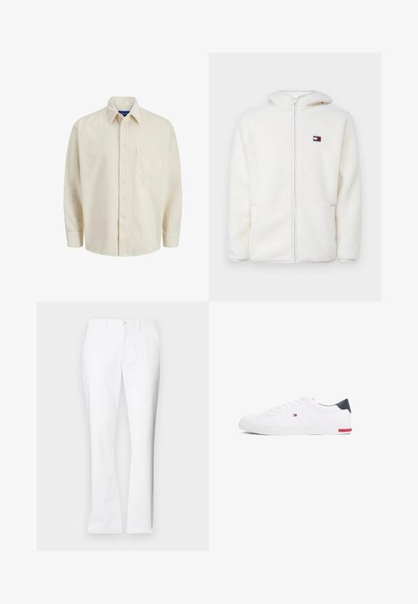 Hanorac alb din fleece, cu fermoar, având o textură moale, cu glugă și buzunare laterale. Logo mic pe pieptul stâng. Închidere cu fermoar neted.; Cămașă bej din corduroy, cu un sistem de închidere cu butoane, guler, mâneci lungi și un singur buzunar la piept. Prezintă dungi verticale înguste.; Pantaloni albi din bumbac cu un design drept, buzunare frontale, închidere cu un singur buton și o textură netedă.; Adidași albi cu vârf jos, din piele netedă. Prezintă un toc albastru marine și un accent roșu pe talpă. Șase gauri pentru șireturi.