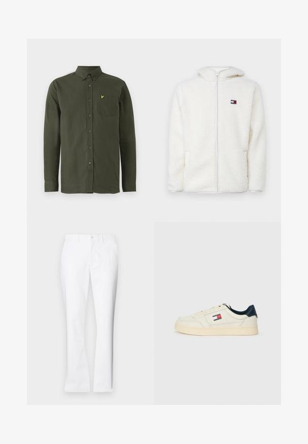 White fleece zip-up hoodie with a soft texture, featuring a hood and side pockets. Small logo on the left chest. Smooth zip closure.; Dark green long-sleeve button-up shirt with button-down collar, chest pocket, and small yellow embroidered bird logo on pocket.; White cotton trousers with a straight-leg design, front pockets, a single button closure, and a smooth texture.; Sneakers in creamy white leather with a navy blue heel and tongue, featuring a logo patch in red, white, and blue on the side.