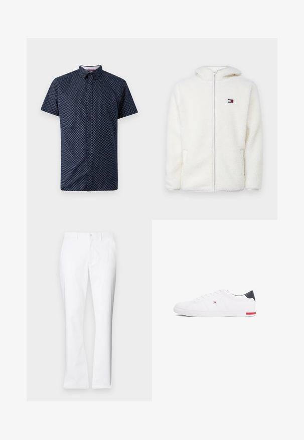 Biała polarowa bluza z zamkiem, o miękkiej fakturze, z kapturem i bocznymi kieszeniami. Małe logo na lewej piersi. Gładkie zapięcie na zamek.; Koszula z krótkim rękawem w granatowym kolorze z białym wzorem w kropki, z zapięciem na guziki z przodu oraz klasycznym kołnierzykiem.; Białe bawełniane spodnie o prostym kroju, z przednimi kieszeniami, pojedynczym zapięciem na guzik oraz gładką fakturą.; Białe niskie tenisówki wykonane z gładkiej skóry. Posiadają granatowy zapiętek i czerwony akcent na podeszwie. Sześć oczek na sznurowadła.