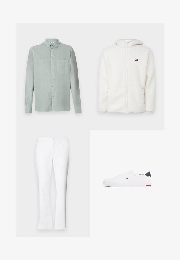 Witte fleece zip-up hoodie met een zachte textuur, voorzien van een capuchon en zijzakken. Klein logo op de linkerkant van de borst. Glad rits sluiting.; Lichtgroene overhemd met lange mouwen, een kraag met knopen, een borstas en een iets gestructureerde stof. Voorzien van bijpassende knopen.; Witte katoenen broek met een recht model, voorkwasten, een enkele knoopsluiting en een gladde textuur.; Witte lage sneakers gemaakt van glad leer. Beschikt over een marineblauwe hielkap en een rode accent op de zool. Zes oogjes voor veters.