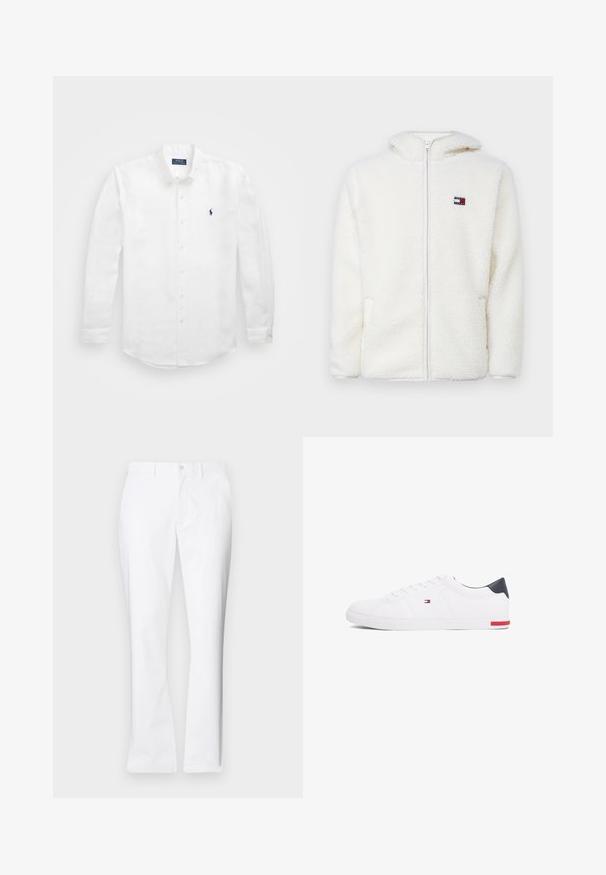 Biała polarowa bluza z zamkiem, o miękkiej fakturze, z kapturem i bocznymi kieszeniami. Małe logo na lewej piersi. Gładkie zapięcie na zamek.; Biała koszula z długim rękawem wykonana z bawełny, z kołnierzykiem na guziki, z małym granatowym logo na lewej piersi i klasycznym zapięciem na guziki.; Białe bawełniane spodnie o prostym kroju, z przednimi kieszeniami, pojedynczym zapięciem na guzik oraz gładką fakturą.; Białe niskie tenisówki wykonane z gładkiej skóry. Posiadają granatowy zapiętek i czerwony akcent na podeszwie. Sześć oczek na sznurowadła.