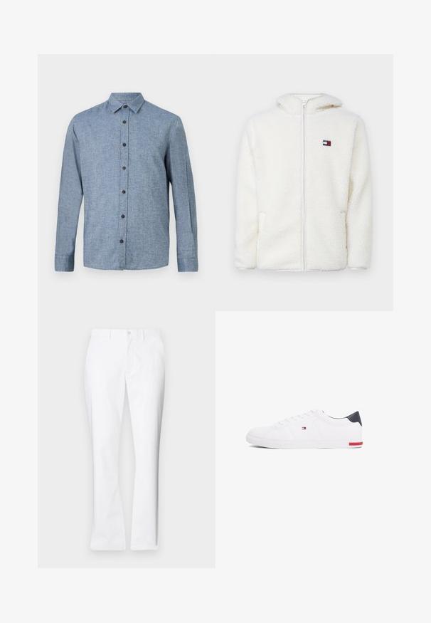 Valkoinen fleece-zip-up-huppari pehmeällä tekstuurilla, jossa on huppu ja sivutaskut. Pieni logo vasemmassa rinnassa. Sujuva vetoketjusulku.; Pitkähihaista nappipaitaa vaaleansinisestä kankaasta, jossa on teksturoitu kudonta, jossa on kaulus ja kuusi tummanruskeaa nappia edessä.; Valkoiset puuvillahousut suoralla lahkeella, etutaskuilla, yhdessä napilla suljettuna ja sileällä pinnalla.; Valkoiset matalat tennarit, joissa on sileä nahka. Ominaisuuksiin kuuluu laivastonsininen kantapää ja punainen yksityiskohta pohjassa. Kuusi reikää nauhoille.