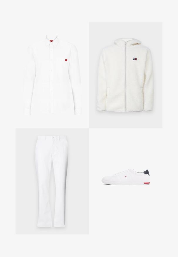 Balta pūkų zip-up gobtuvu, su minkšta tekstūra, turinčiu gobtuvą ir šonines kišenes. Mažas logotipas kairėje krūtinės pusėje. Lygus užtrauktukas.; Ilga rankovė balta marškiniai, pagaminti iš medvilnės, su mygtukų apykakle, priekinė kišenė ir maža raudona logotipo etiketė ant krūtinės.; Balti medvilniniai kelnių su tiesiu pjūviu, priekinėmis kišenėmis, vieno mygtuko uždarymu ir lygiu paviršiumi.; Balti žemi kedai, pagaminti iš lygios odos. Yra tamsiai mėlynas kulno užsegimas ir raudona detalė ant pado. Šešios skylutės raišteliams.