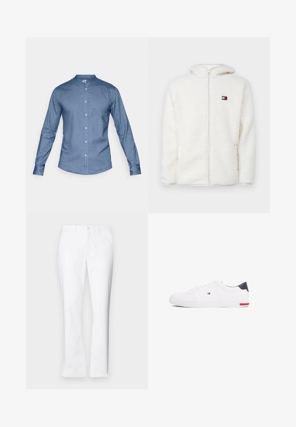 Sudadera con cremallera blanca de felpa, con una textura suave, que cuenta con una capucha y bolsillos laterales. Pequeño logo en el lado izquierdo del pecho. Cierre de cremallera suave.; Camisa azul de botones con cuello mao, mangas largas y una textura de tela suave. Presenta cierre frontal con botones y sin patrones visibles.; Pantalones de algodón blancos con un diseño de pierna recta, bolsillos frontales, un cierre de botón único y una textura suave.; Zapatillas bajas blancas de piel suave. Presentan una capucha en el talón de color marino y un acento rojo en la suela. Seis ojales para los cordones.