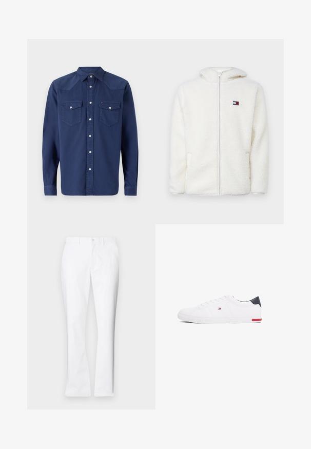 Valkoinen fleece-zip-up-huppari pehmeällä tekstuurilla, jossa on huppu ja sivutaskut. Pieni logo vasemmassa rinnassa. Sujuva vetoketjusulku.; Tummansininen pitkähihaisneule, jossa on nappiviritys kauluksessa, kaksi rintataskua ja hopeiset yksityiskohdat. Valmistettu sileästä kankaasta.; Valkoiset puuvillahousut suoralla lahkeella, etutaskuilla, yhdessä napilla suljettuna ja sileällä pinnalla.; Valkoiset matalat tennarit, joissa on sileä nahka. Ominaisuuksiin kuuluu laivastonsininen kantapää ja punainen yksityiskohta pohjassa. Kuusi reikää nauhoille.