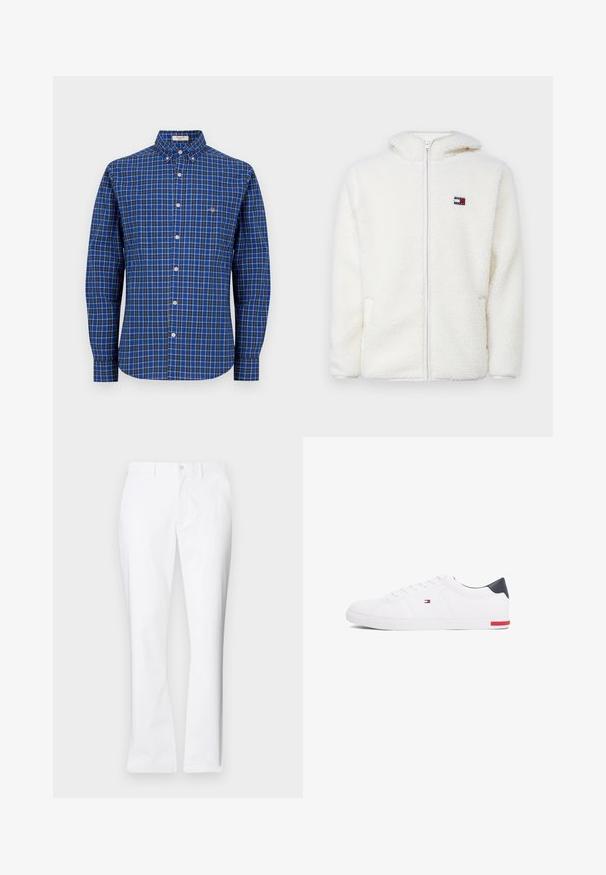 Hvit fleece zip-up hettejakke med myk tekstur, har hette og sidelommer. Liten logo på venstre bryst. Glatt glidelås-lukking.; Langermet blå rutete skjorte med knapp-ned krage, hvite knapper, og lite logo på venstre bryst. Laget av bomull, avslappet passform.; Hvite bomullsbukser med rett ben-design, frontlommer, enkelt knappelukking og en jevn tekstur.; Hvite lave sneakers laget av glatt lær. Har en marineblå hælhette og en rød detalj på sålen. Seks hull til lisser.