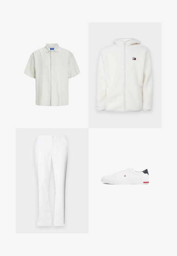 Felpa bianca con zip in pile, dal texture morbido, con cappuccio e tasche laterali. Piccolo logo sul lato sinistro del petto. Chiusura a zip liscia.; Camicetta a maniche corte di colore verde chiaro, realizzata in un tessuto testurizzato, con colletto classico e sei bottoni bianchi sul davanti.; Pantaloni di cotone bianchi con un design a gamba dritta, tasche frontali, chiusura con un bottone e una texture liscia.; Sneakers bianchi a punta bassa realizzati in pelle liscia. Presentano una tomaia blu navy sul tallone e un accento rosso sulla suola. Sei occhielli per i lacci.