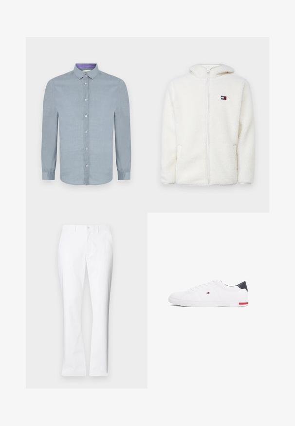 Witte fleece zip-up hoodie met een zachte textuur, voorzien van een capuchon en zijzakken. Klein logo op de linkerkant van de borst. Glad rits sluiting.; Lichtblauw overhemd met lange mouwen en een button-down kraag, met knopen aan de voorkant en een gladde textuur. De binnenkant van de kraag heeft een contrasterende paarse acccent.; Witte katoenen broek met een recht model, voorkwasten, een enkele knoopsluiting en een gladde textuur.; Witte lage sneakers gemaakt van glad leer. Beschikt over een marineblauwe hielkap en een rode accent op de zool. Zes oogjes voor veters.