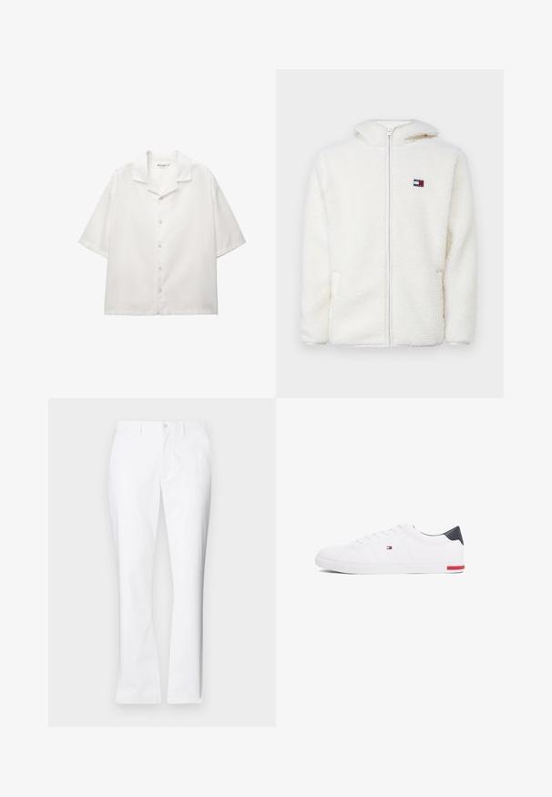 Biely fleecový zipsový mikina s jemnou textúrou, s kapucňou a bočnými vreckami. Malé logo na ľavej hrudi. Hladký zipsový uzáver.; Košeľa s krátkym rukávom a otvoreným golierom z bielej bavlny. Má zapínanie na gombíky s štandardnými gombíkmi a voľný strih.; Biele bavlnené nohavice so strihom rovného nohavice, prednými vreckami, jednom gombíkovým zapínaním a hladkou textúrou.; Biele nízkoprevádzkové tenisky vyrobené z hladkej kože. Majú námornícke zadočnú časť a červený akcent na podrážke. Šesť dierok na šnúrky.