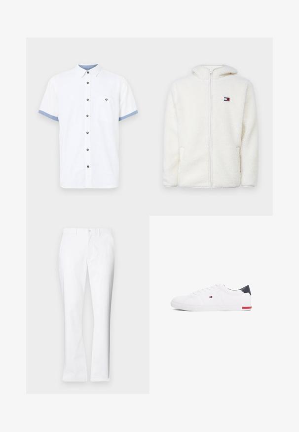 Bílá fleecová mikina na zip s měkkou texturou, obsahující kapuci a postranní kapsy. Malé logo na levém prsu. Hladký zip.; Bílá košile s krátkým rukávem, z bavlněné tkaniny, zapínání na knoflíky, modré akcenty na rukávech, jedna kapsa na prsou, pět tmavých knoflíků.; Bílé bavlněné kalhoty s rovnými nohavicemi, předními kapsami, jednoduchým zapínáním na knoflík a hladkým povrchem.; Bílé nízké tenisky vyrobené z hladké kůže. Mají tmavě modrý opatek a červený akcent na podrážce. Šest ok pro tkaničky.