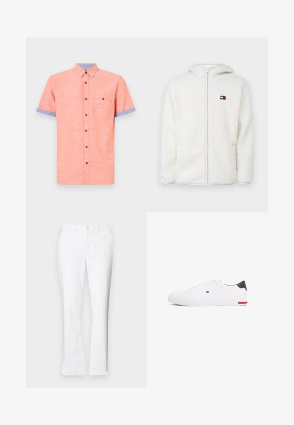 Biely fleecový zipsový mikina s jemnou textúrou, s kapucňou a bočnými vreckami. Malé logo na ľavej hrudi. Hladký zipsový uzáver.; Košeľa na gombíky s krátkym rukávom v koralovej farbe, so modrým golierom a akcentmi na manžetách, s náprsnou vreckom a hnedými gombíkmi. Textúrovaná látka.; Biele bavlnené nohavice so strihom rovného nohavice, prednými vreckami, jednom gombíkovým zapínaním a hladkou textúrou.; Biele nízkoprevádzkové tenisky vyrobené z hladkej kože. Majú námornícke zadočnú časť a červený akcent na podrážke. Šesť dierok na šnúrky.