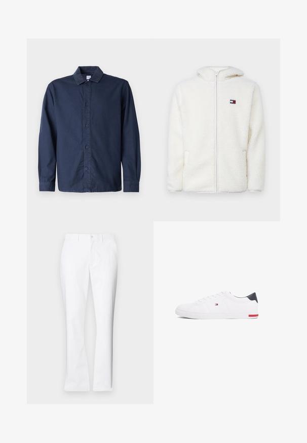 Weißer Fleece-Zip-Hoodie mit weicher Textur, ausgestattet mit einer Kapuze und seitlichen Taschen. Kleines Logo auf der linken Brust. Glatte Reißverschlussöffnung.; Marineblaues Hemd mit Knöpfen, Cordkragen, langen Ärmeln und geradem Saum. Hergestellt aus einem glatten, atmungsaktiven Stoff.; Weiße Baumwollhose mit geradem Bein, vorderen Taschen, einem einzigen Knopfverschluss und einer glatten Textur.; Weißes Low-Top-Sneaker aus glattem Leder. Mit einem marineblauen Fersenstück und einem roten Akzent an der Sohle. Sechs Ösen für die Schnürsenkel.