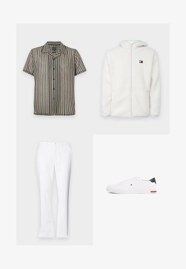 Bela flis zip-up kapuca z mehkim teksturama, ki vključuje kapuco in stranske žepe. Majhna znamka na levem prsnem delu. Gladek zadrgo.; Srajca s kratkimi rokavi in gumbom z vzorcem črt v umirjenih odtenkih bež, črne in sive. Ima kamp ovratnik ter sproščen kroj.; Beli bombažni hlače s ravnim krojem, sprednjimi žepi, z enim gumbom in gladko teksturo.; Beli nizki športni čevlji iz gladkega usnja. Imajo mornarsko modro zaščito na peti in rdeč poudarek na podplatu. Šest lukenj za vezalke.