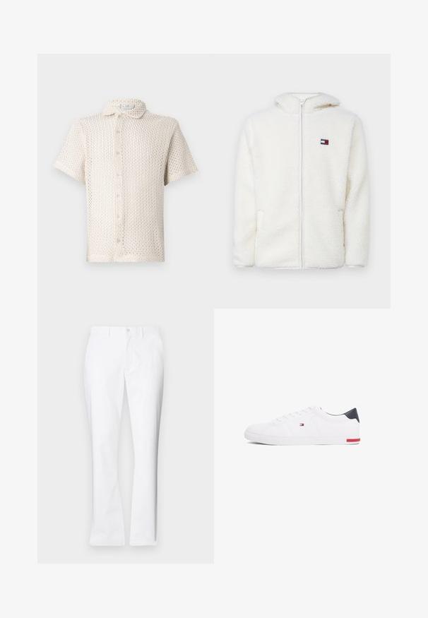 Sudadera con cremallera blanca de felpa, con una textura suave, que cuenta con una capucha y bolsillos laterales. Pequeño logo en el lado izquierdo del pecho. Cierre de cremallera suave.; Camisa de botones de manga corta, color beige claro, hecha de un tejido texturizado y de punto abierto, con cuello y cinco botones en el frente.; Pantalones de algodón blancos con un diseño de pierna recta, bolsillos frontales, un cierre de botón único y una textura suave.; Zapatillas bajas blancas de piel suave. Presentan una capucha en el talón de color marino y un acento rojo en la suela. Seis ojales para los cordones.