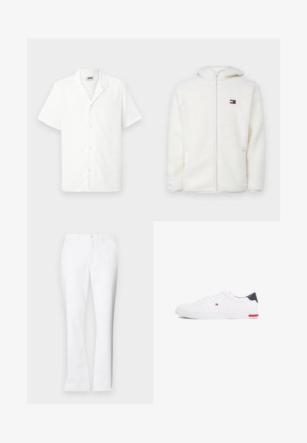 Weißer Fleece-Zip-Hoodie mit weicher Textur, ausgestattet mit einer Kapuze und seitlichen Taschen. Kleines Logo auf der linken Brust. Glatte Reißverschlussöffnung.; Kurzärmliges weißes Hemd aus leichtem Stoff, mit Kragen und fünf vorderen Knöpfen, mit einer glatten Textur. Keine Muster oder Akzente.; Weiße Baumwollhose mit geradem Bein, vorderen Taschen, einem einzigen Knopfverschluss und einer glatten Textur.; Weißes Low-Top-Sneaker aus glattem Leder. Mit einem marineblauen Fersenstück und einem roten Akzent an der Sohle. Sechs Ösen für die Schnürsenkel.