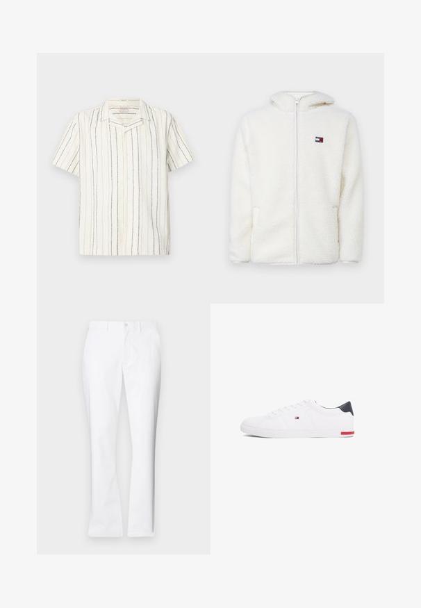 Hanorac alb din fleece, cu fermoar, având o textură moale, cu glugă și buzunare laterale. Logo mic pe pieptul stâng. Închidere cu fermoar neted.; Cămașă cu mâneci scurte, albă, cu nasturi, cu dungi verticale negre și bej și cu guler tip camping, expusă pe un fundal deschis, plat.; Pantaloni albi din bumbac cu un design drept, buzunare frontale, închidere cu un singur buton și o textură netedă.; Adidași albi cu vârf jos, din piele netedă. Prezintă un toc albastru marine și un accent roșu pe talpă. Șase gauri pentru șireturi.